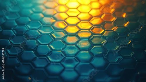 Abstract hexagonal pattern showcases a vibrant blend of colors, transitioning from rich blues and teals to warm yellows and oranges in a visually striking, macro composition, creating a sense of...