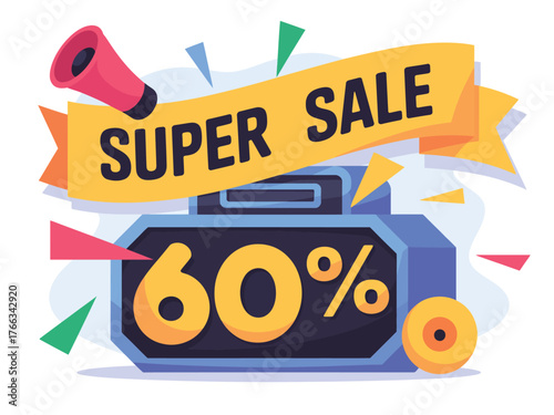 A super sale sign displays 60 percent off with a megaphone announcing the promotion.