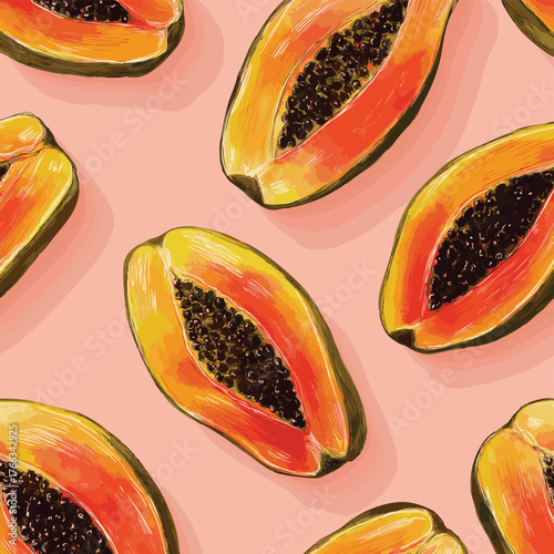 Tropical Papaya Fruit Seamless Pattern with Hand-Painted Texture.