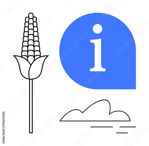 Corn stalk line art near blue information bubble with i, abstract cloud and field linework. Ideal for agriculture, communication, education, sustainability, rural development, ecology, and climate