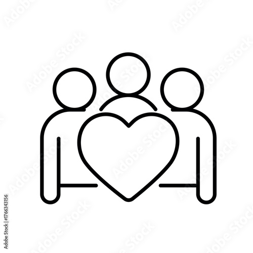 A vector icon of diverse candidates and a heart, symbolizing inclusive recruitment practices, created in line style with editable stroke
