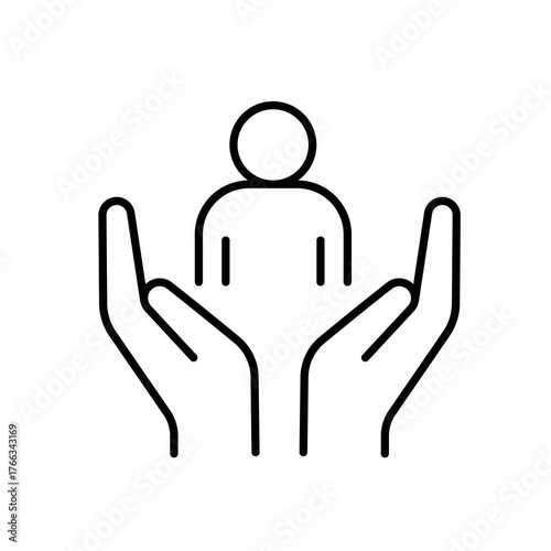 A vector icon of a person held by two open hands, representing protective and inclusive leadership, created in line style with editable stroke