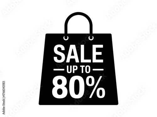 A black shopping bag with the text "SALE UP TO 80%" on a white background.