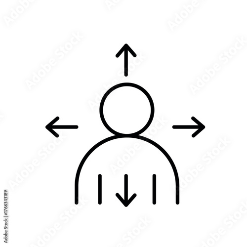 A vector icon of a person with arrows in multiple directions, representing overlapping identities and intersectionality, created in line style with editable stroke