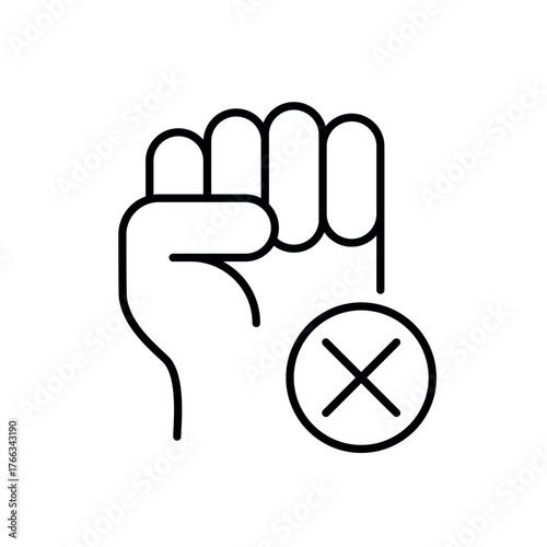 A vector icon of a raised fist and cancel symbol, representing the fight against discrimination, created in line style with editable stroke