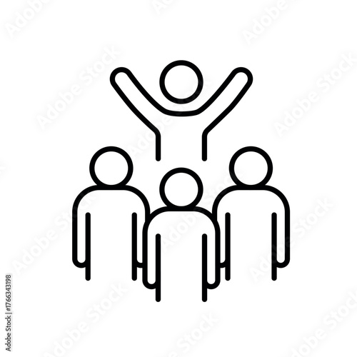 A vector icon of a leader with raised arms and two people beside, representing inclusive team encouragement and collaboration, created in line style with editable stroke