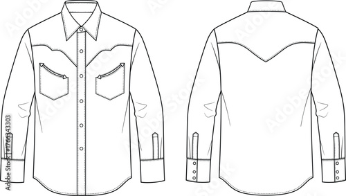 Men's Long Sleeve Western Snap Shirt Technical Drawing, Pearl Snap Button-Up Flat Sketch Vector, Cowboy Yoke Apparel Template, Front and Back Views