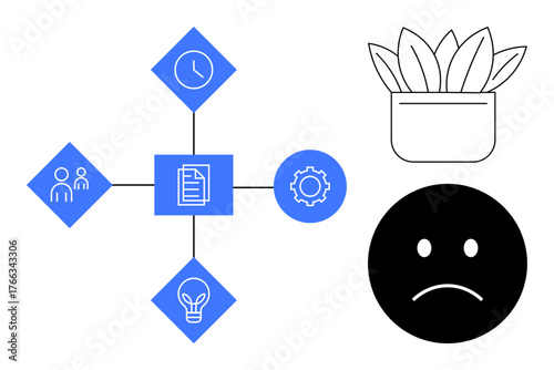 Central square with notes connects to teamwork, clock, gear, and lightbulb. Beside are a potted plant symbolizing growth and a neutral face depicting mood. Ideal for productivity, planning