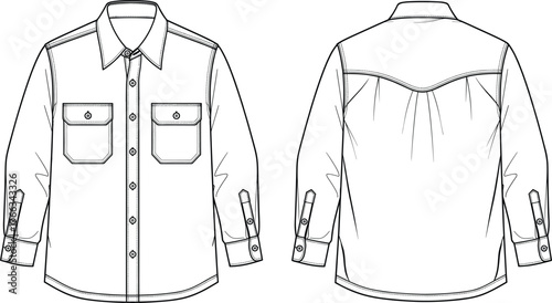 Men's Long Sleeve Western Work Shirt Technical Drawing, Double Flap Pocket Button-Up Flat Sketch Vector, Cowboy Apparel Template