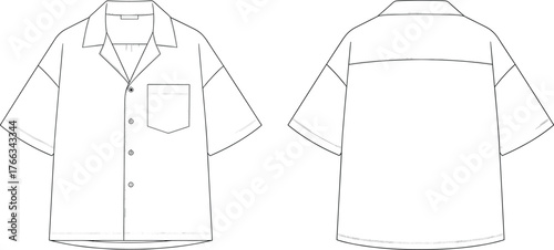  Men's Oversized Cuban Collar Shirt Technical Drawing, Short Sleeve Camp Shirt Flat Sketch Vector, Front and Back Views, Casual Fashion Template