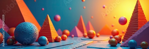 Geometric shapes featuring spheres and pyramids are displayed against a gradient background, creating a visually compelling composition with vibrant orange, blue, and pink colors, showcasing a...