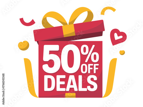A festive red gift box prominently displays '50% Off Deals' with confetti and ribbons.