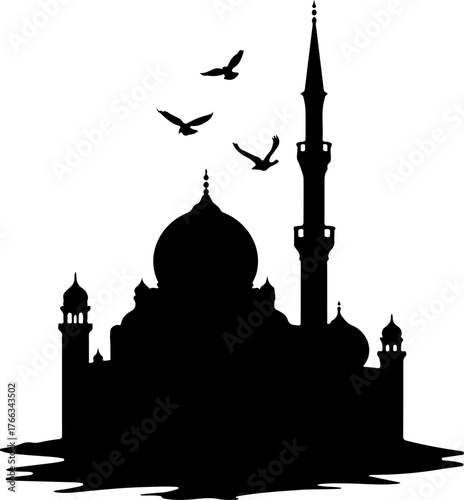 silhouette of mosque in the night, mosque, architecture, religion, building, silhouette, travel, vector, church, minaret, dome, city, illustration, kazan, russia, india, arab, art, landmark, taj, tour