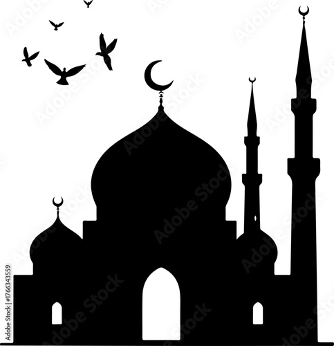 silhouette of mosque in the night, mosque, architecture, religion, building, silhouette, travel, vector, church, minaret, dome, city, illustration, kazan, russia, india, arab, art, landmark, taj, tour