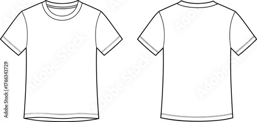 Plain short sleeve t shirt front and back view, round neck, fashion flat sketch, apparel design template, clothing illustration, garment mockup