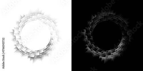 Dynamic abstract spiral sound wave rhythm lines. Circular spiral sound wave rhythm of lines. Circular futuristic abstract lines, black and white background.	
