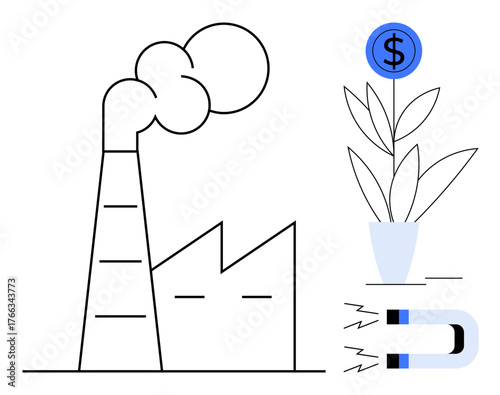 Factory emitting smoke, money plant with a dollar sign, and magnet attracting objects. Ideal for economy, sustainability, business strategy, investment, industrial growth, financial planning