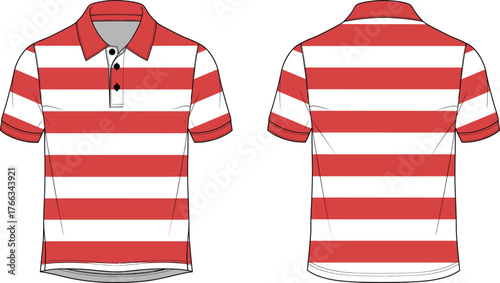 Red and White Horizontal Striped Polo Shirt Technical Drawing, Short Sleeve Collared Knit Top Flat Sketch Vector, Casual Fashion Apparel Template