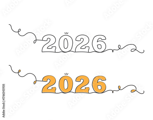 Outline text 2026 handwritten set continuous one line art.