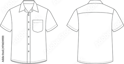 Short sleeve button up shirt front and back view, chest pocket, classic collar, curved hem, fashion flat sketch, apparel design template illustration