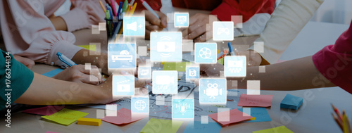 Multimedia technology with video, audio, photo and streaming icons representing digital media, communication and online platforms in a modern multimedia world. Entice