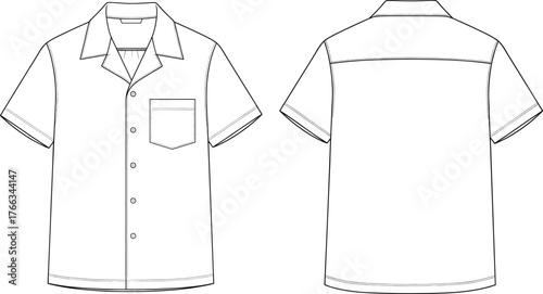 Short sleeve button up shirt front and back view, notch lapel collar, chest pocket, straight hem, fashion flat sketch, apparel design template illustration