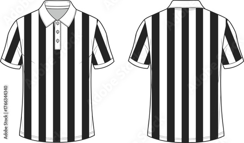 Striped Polo Shirt Technical Drawing, Black and White Vertical Stripe Flat Sketch Vector, Short Sleeve Knit Top Template, Referee Apparel Design