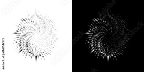 Dynamic abstract spiral sound wave rhythm lines. Circular spiral sound wave rhythm of lines. Circular futuristic abstract lines, black and white background.	
