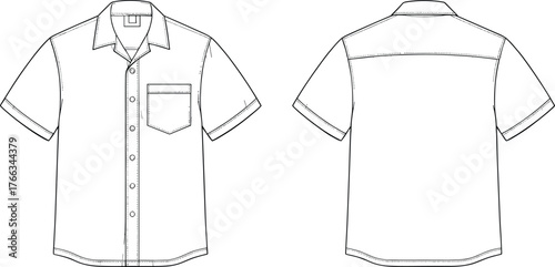 Technical Fashion Flat Sketch Drawing of Classic Short Sleeve Camp Shirt with Cuban Collar, Front Pocket, and Straight Hem, CAD Vector
