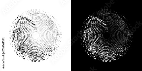 Dynamic abstract spiral sound wave rhythm lines. Circular spiral sound wave rhythm of lines. Circular futuristic abstract lines, black and white background.	
