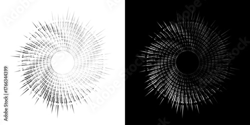 Dynamic abstract spiral sound wave rhythm lines. Circular spiral sound wave rhythm of lines. Circular futuristic abstract lines, black and white background.	
