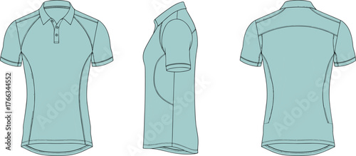 Technical Fashion Flat Sketch Drawing of Fitted Short Sleeve Performance Polo Shirt with Ergonomic Paneling, Collar, and Three Button Placket, CAD Vector