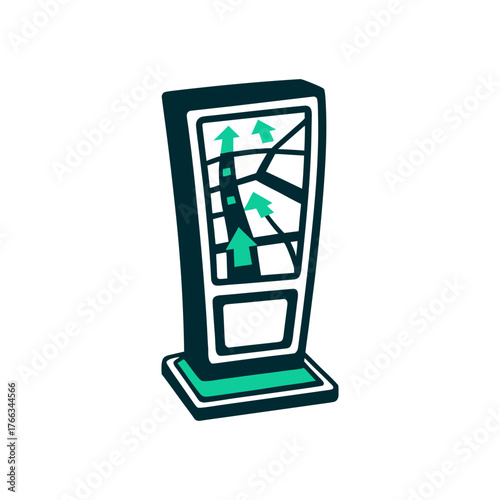 City Map Kiosk Illustration with Green Arrows A cream ivory city map kiosk stands tall on a bone surface