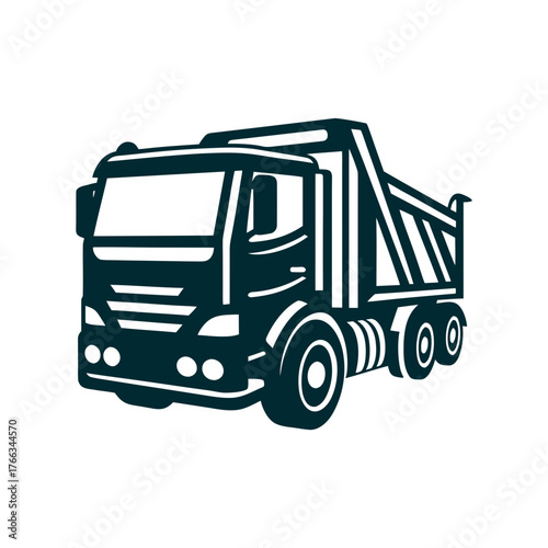 Dump Truck Vector Illustration, Isolated A slate green waste collection truck parks on a moss surface