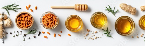 Wellness line-up ginger, honey, berries, rosemary on white