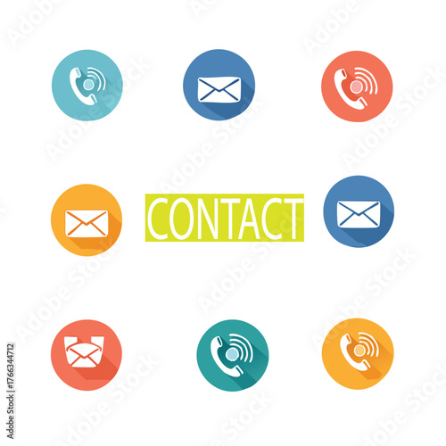 Colorful Contact Icons Set With Centered CONTACT Banner For Website, Social Media And UI Design