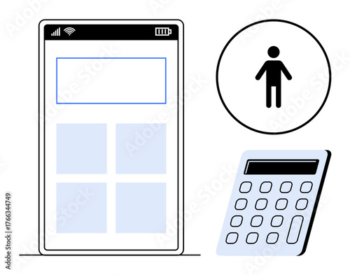Smartphone interface with grid, user icon, and calculator. Ideal for finance, budgeting, apps, productivity, mobile technology user analytics and simplicity in design. Minimal flat metaphor