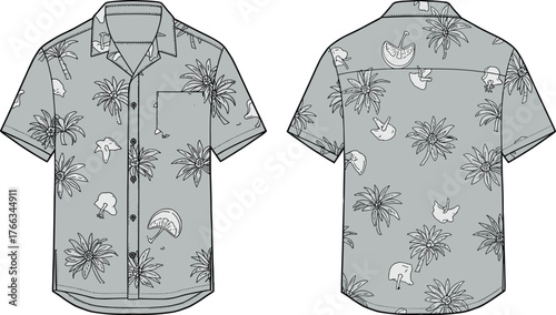 Tropical short sleeve button up shirt front and back view, palm tree pattern, summer fashion flat sketch, casual apparel design template
