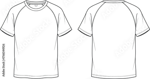 Unisex Raglan Sleeve T-Shirt Technical Drawing, Athletic Crew Neck Tee Flat Sketch Vector, Front and Back Views, Sportswear Apparel Template