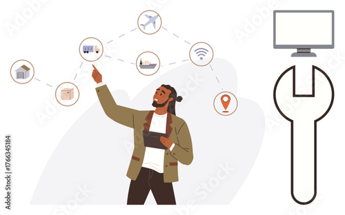 Person pointing at supply chain network icons connected by lines, holding a tablet. Includes shipping, logistics, tech, and digital connectivity themes. Ideal for innovation, logistics, smart