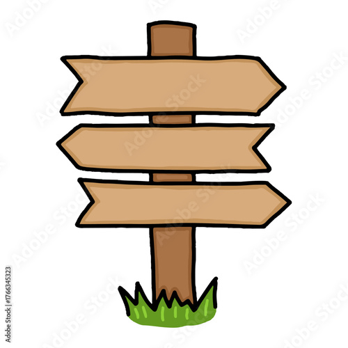 Blank wooden sign post doodle vector. Cartoon hand drawn direction arrow sign