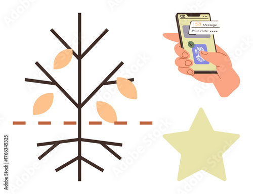 Tree with leaves and dotted line, smartphone with fingerprint and code verification, light star. Ideal for technology, security, data protection, biometrics, growth communication innovation. Simple