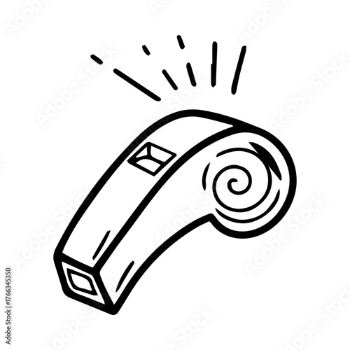 Doodle line art of a referee whistle. Cartoon hand drawn sports whistle outline