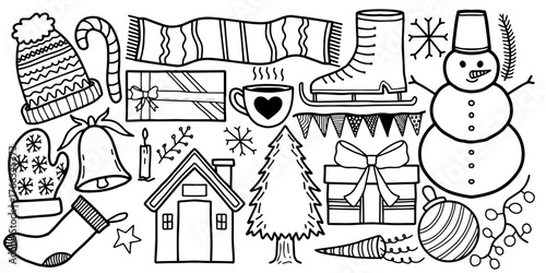 Christmas and winter holiday doodle set Line art. Hand drawn style seasonal vector elements