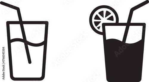 Two refreshing drinks with straws and lemon slice simple graphics