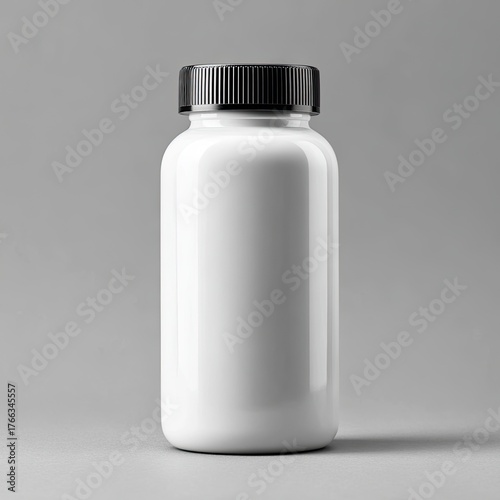 Blank white plastic bottle with black lid on a gray background