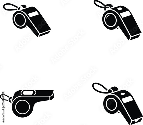 Set of four black and white whistle illustrations on a white background