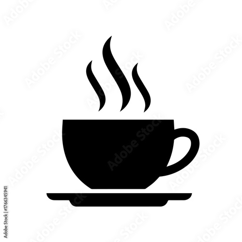 Black silhouette of a steaming coffee cup and saucer