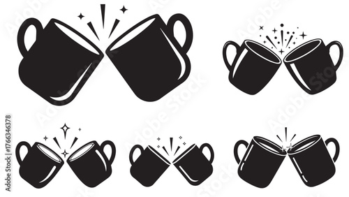 Clinking Cups Silhouette with Two Mugs Tilt and Sparkle Dots, Cheerful Black Toast Icon for Cocoa Nights, Coffee Breaks, and Festive Social Templates