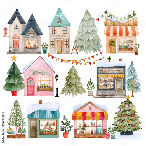 Festive winter scene with colorful houses, Christmas trees, and decorative elements in a charming holiday arrangement